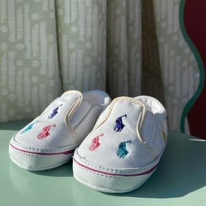 Ralph Lauren Baby Slip On Shoes in White with multicolor logo great condition
